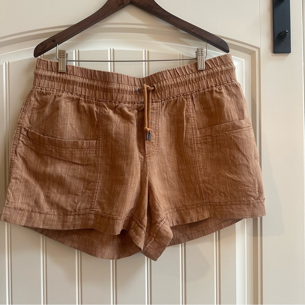 Athleta Cabo Linen Textured Shorts Size 14 Brown Elastic Waist Casual Summer
